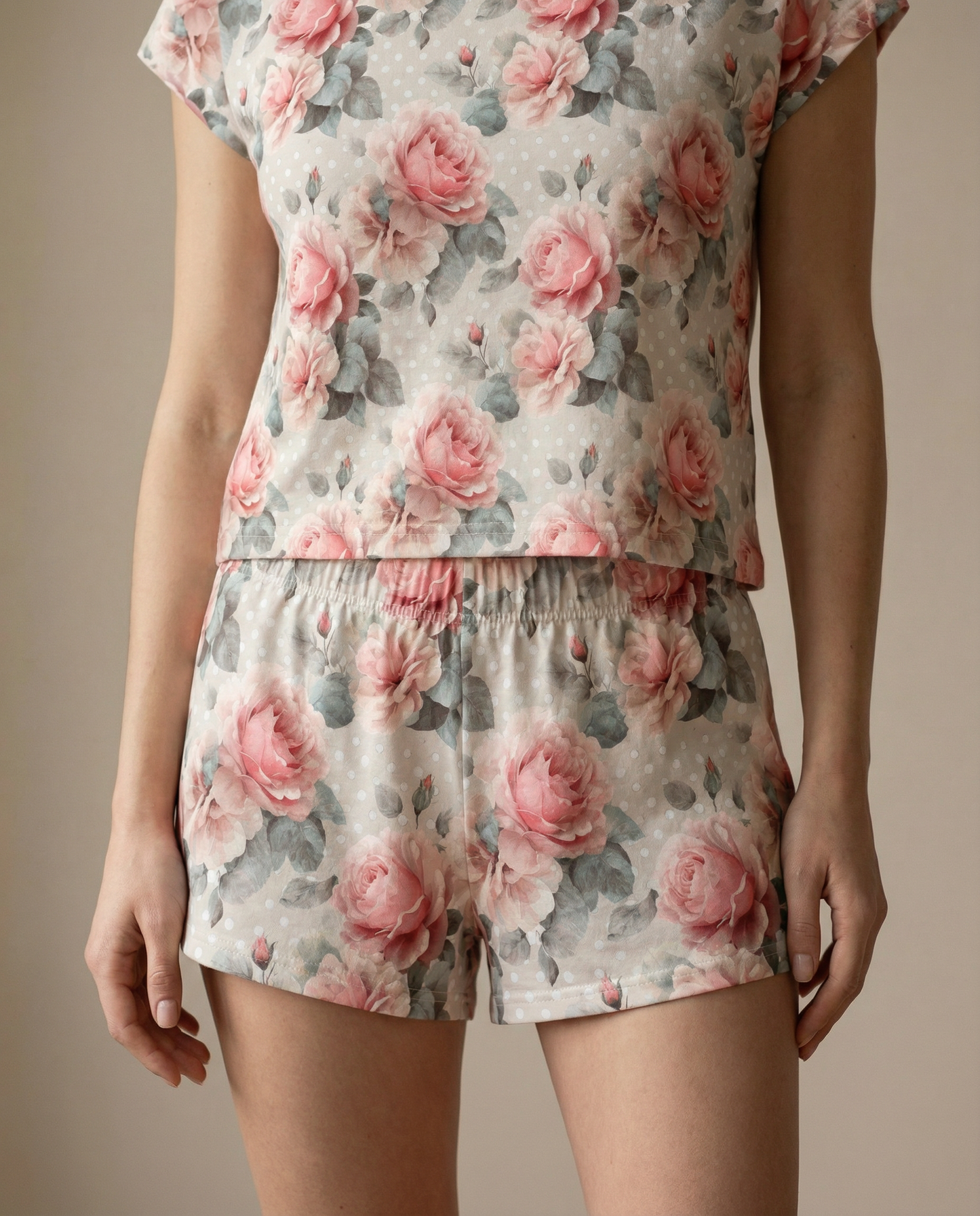 Blush Rose Polka Women’s Short Pajama Set – Romantic Floral Sleepwear