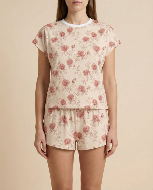 Vintage Rose Sketch Women’s Short Pajama Set – Romantic Sleepwear