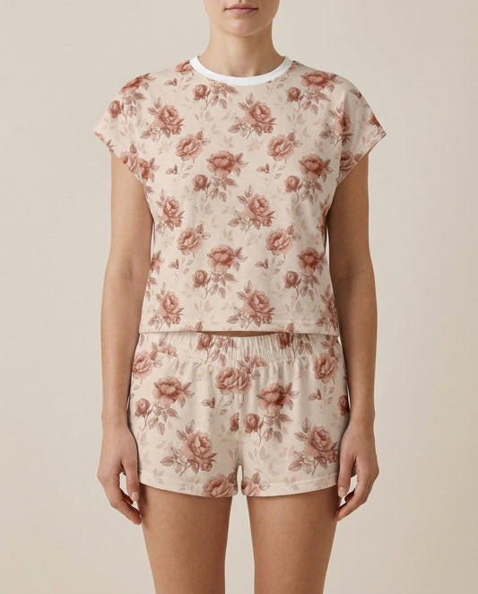 Sepia Rose Women’s Short Pajama Set – Vintage Romantic Sleepwear