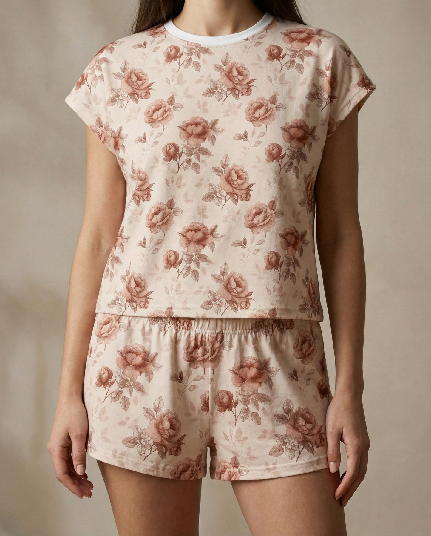 Sepia Rose Women’s Short Pajama Set – Vintage Romantic Sleepwear
